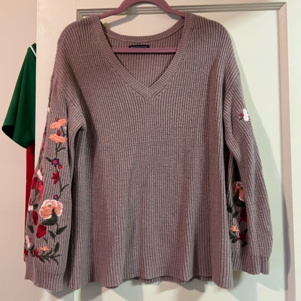 American Eagle Outfitters Mauve V-Neck Sweater with Floral Embroidered Sleeves